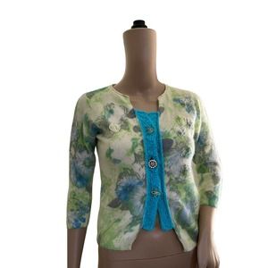 FREE PEOPLE Angora Cardigan Sweater Green S Granny Floral SEEN ON GILMORE GIRLS